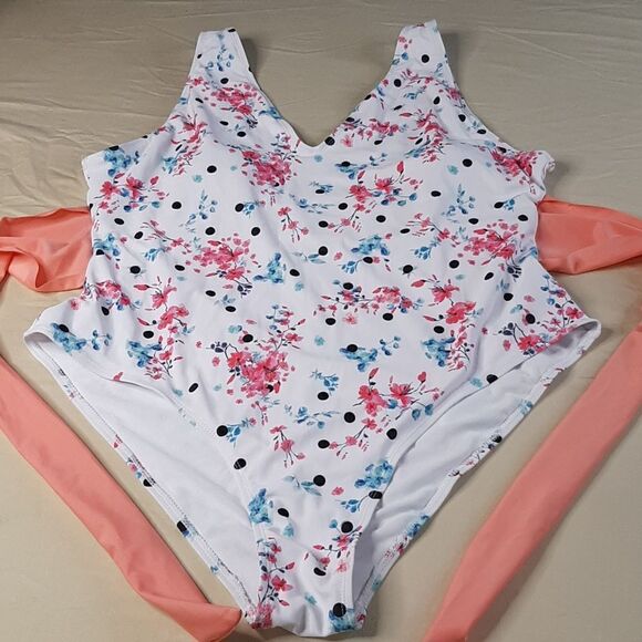 NWOT Shein White Floral One Piece with Tie Back - Picture 1 of 9